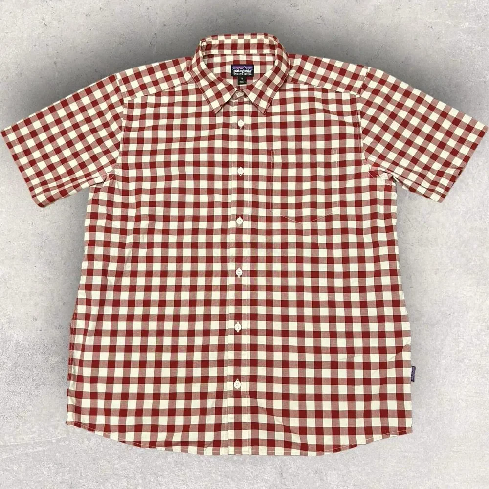 Patagonia Shirt Mens Medium Red‎ White Plaid Short Sleeve Button Up